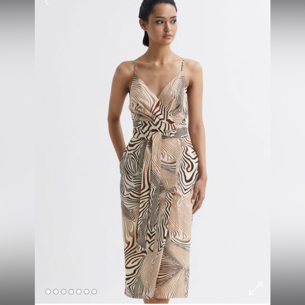 Reiss Beige, Brown and Black Abstract Print Midi Dress